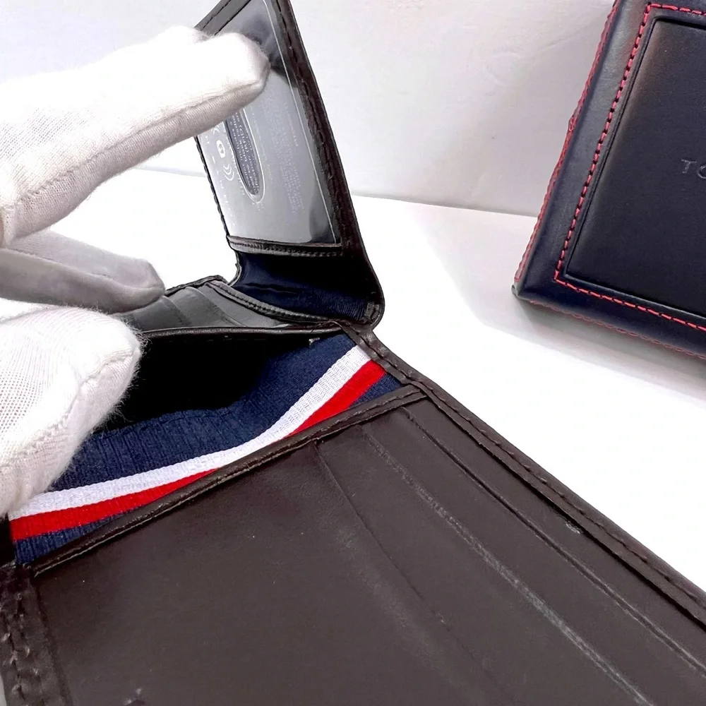 ⭐️TOMMY HILFIGER💯 MENS WALLET DOUBLE FOLD, DARK BROWN, GENUINE LEATHER